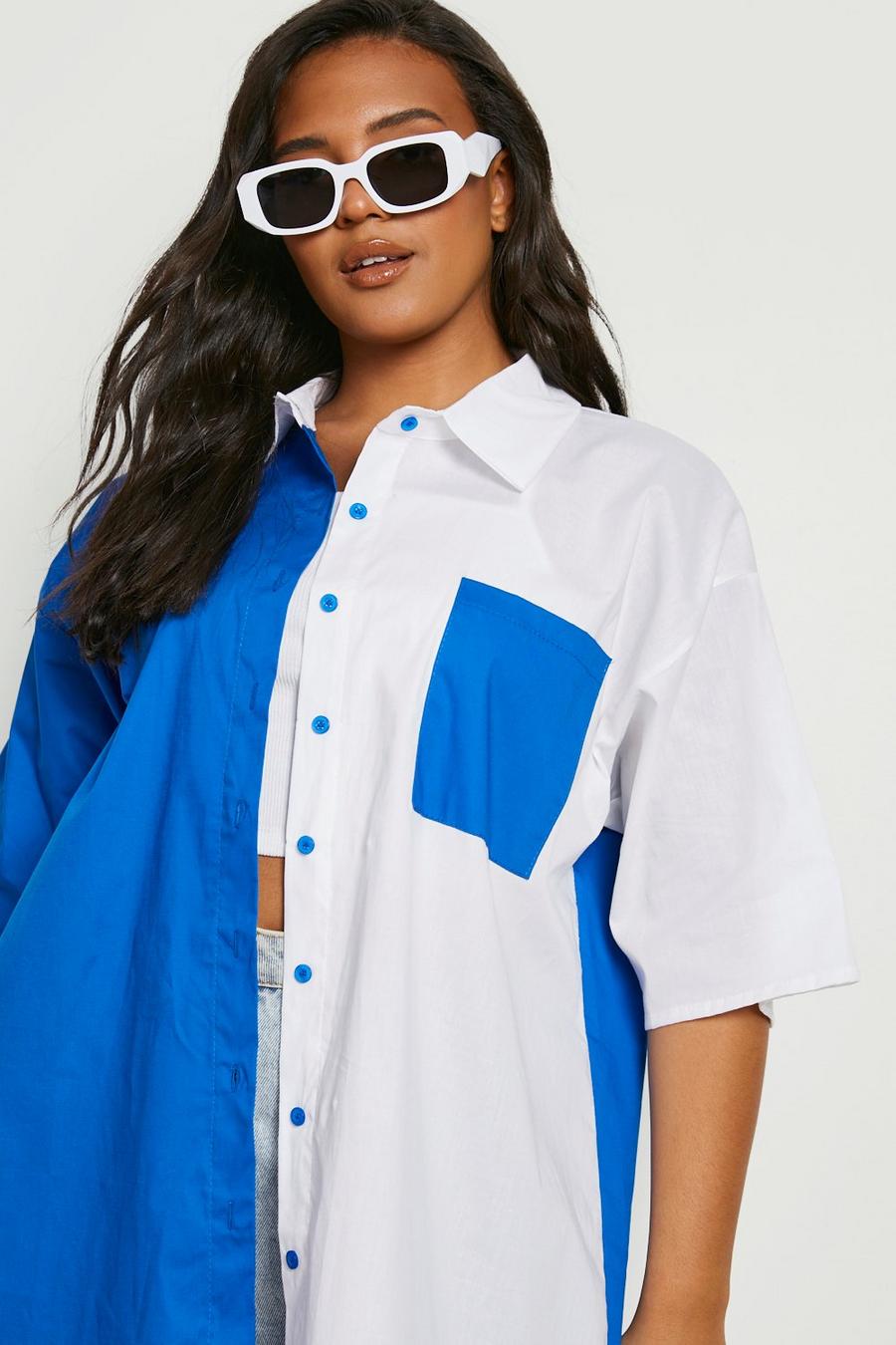 Plus Oversize Kontrast-Hemd aus Baumwolle, Blue image number 1