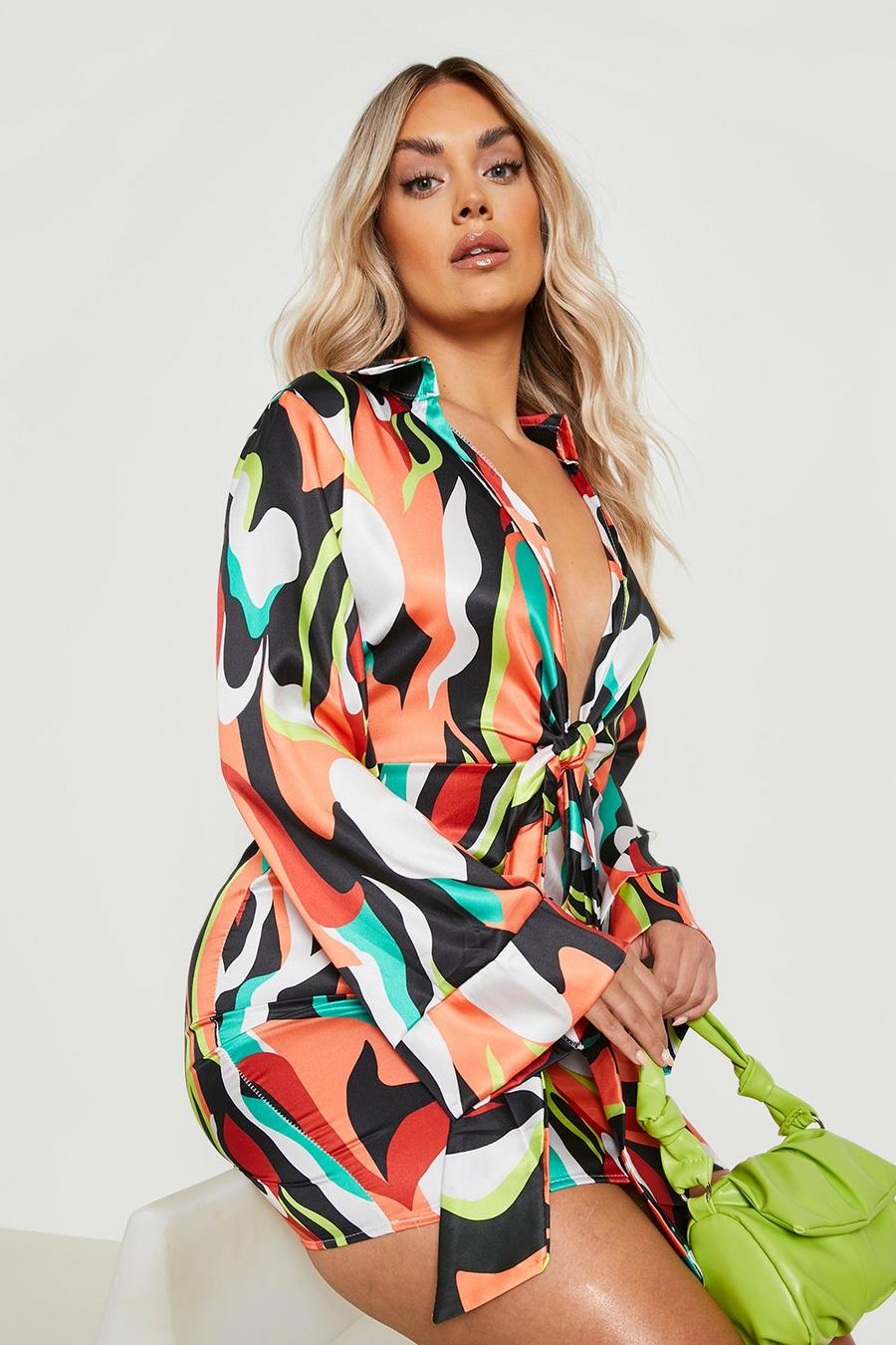 Black Plus Satin Abstract Print Ruched Front Dress