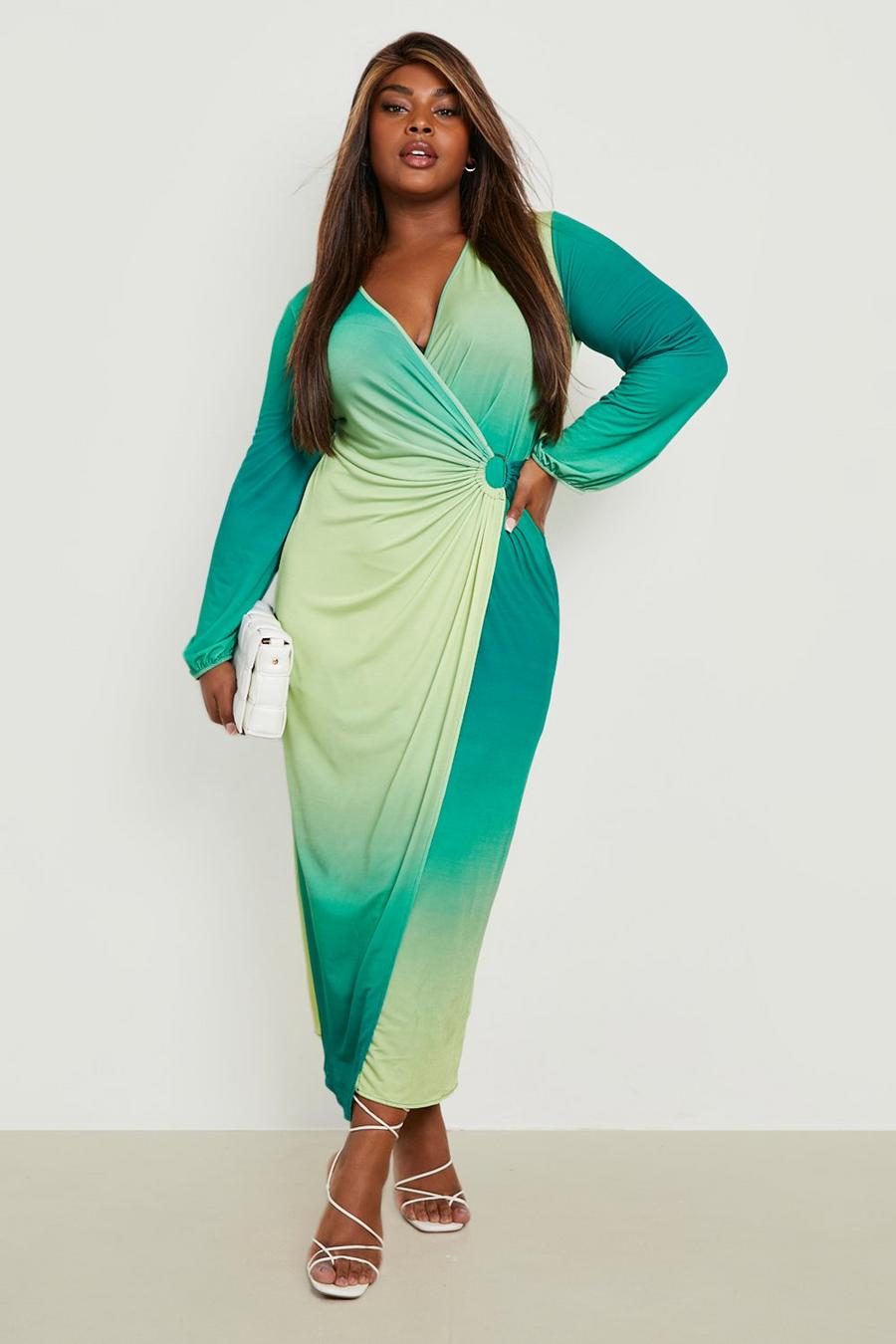 Green Plus Ombre Ring Detail Wrap Midi Dress image number 1