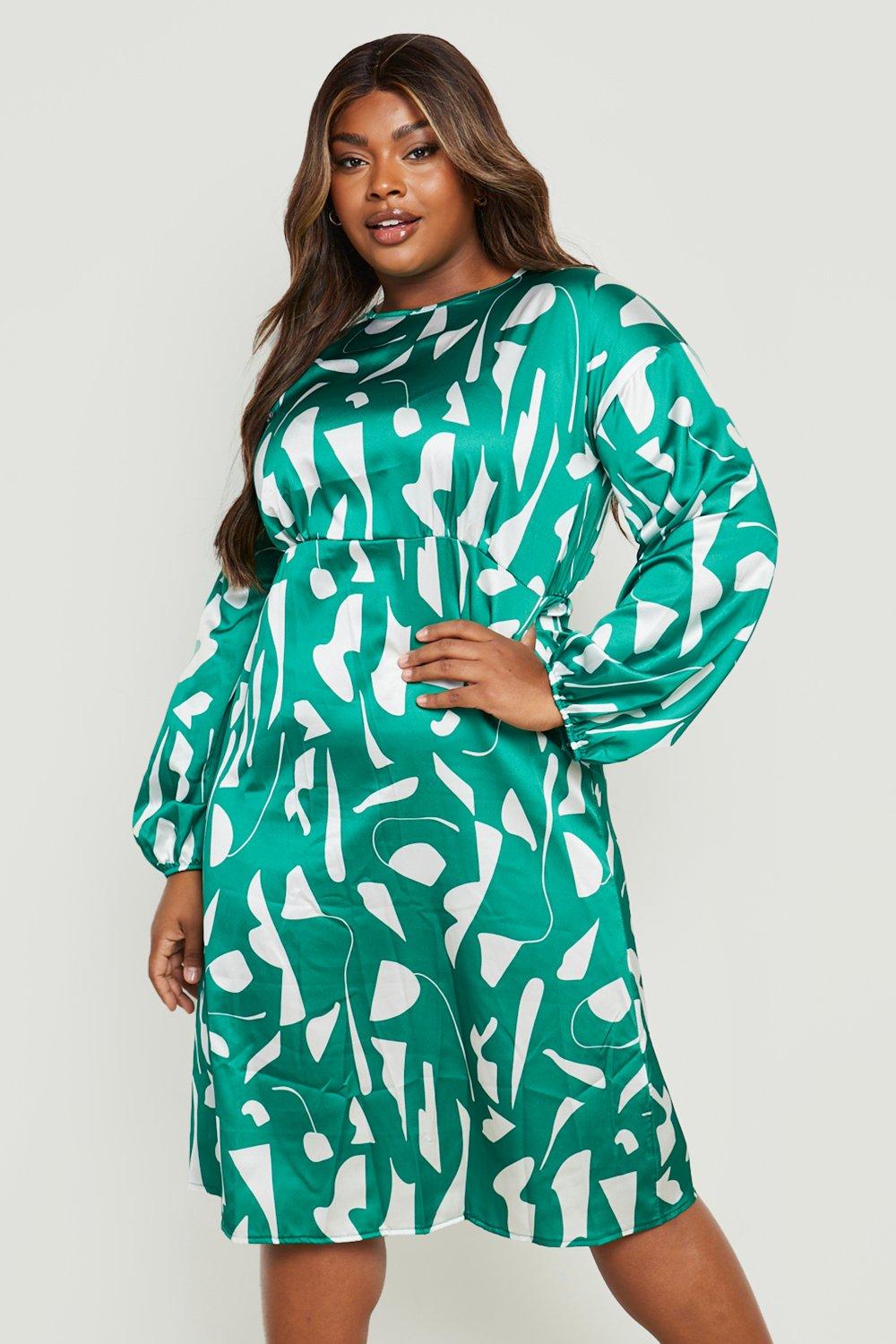 PRINTED SATIN EFFECT MIDI DRESS - Black / Green