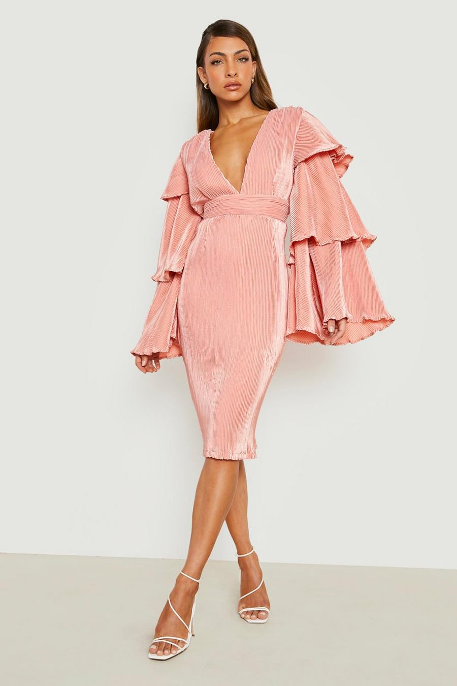 Blush pink Layered Ruffle Sleeve Midi Dress