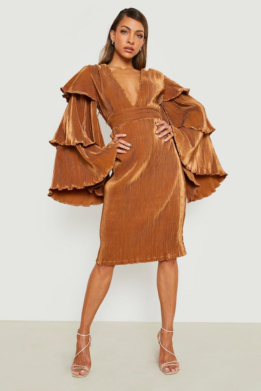 Chocolate brown Layered Ruffle Sleeve Midi Dress