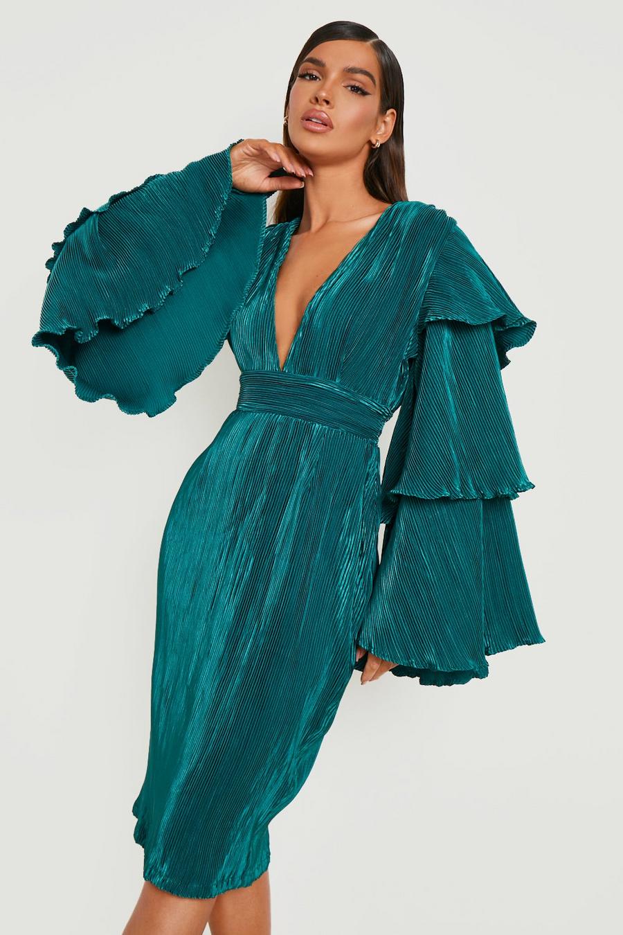 Emerald Layered Ruffle Sleeve Midi Dress image number 1