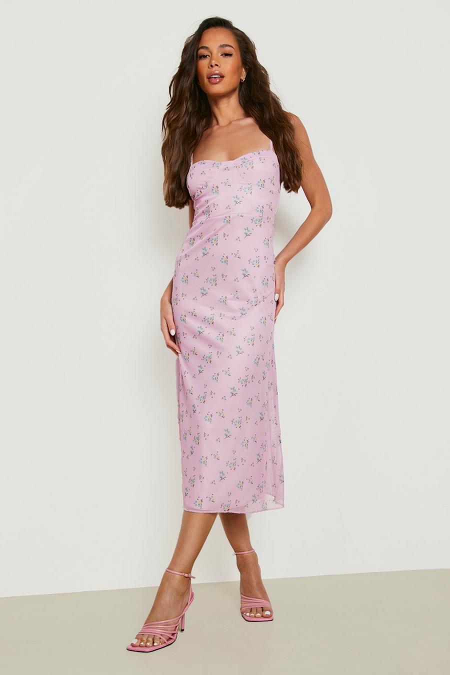 Lilac Mesh Cupped Midaxi Dress Floral Print image number 1