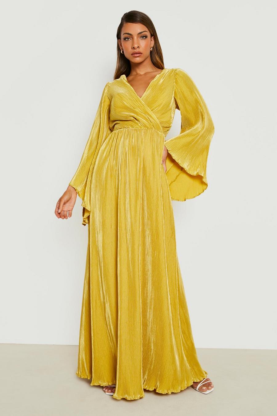 Chartreuse yellow Kimono Plisse Maxi Dress