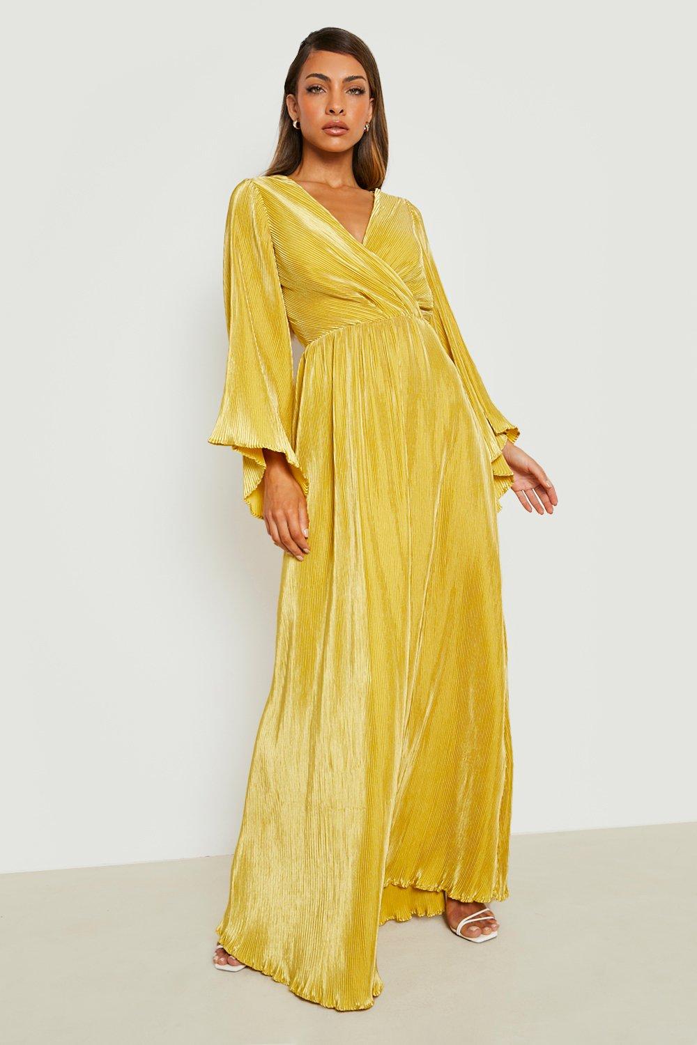 Missguided Satin Wrap Dress 4 S Small Mustard Yellow Bell Sleeve Kimono  Mini