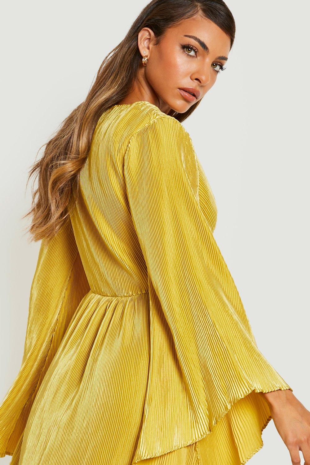 Missguided Satin Wrap Dress 4 S Small Mustard Yellow Bell Sleeve