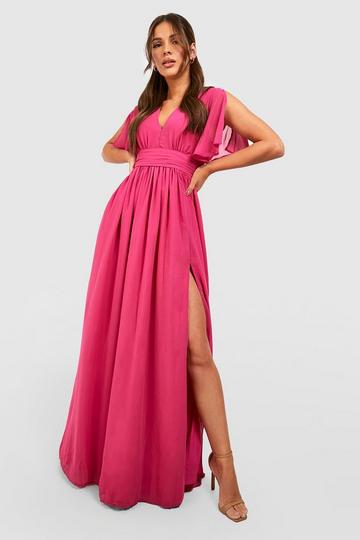 Pink Chiffon Plunge Ruched Maxi Dress