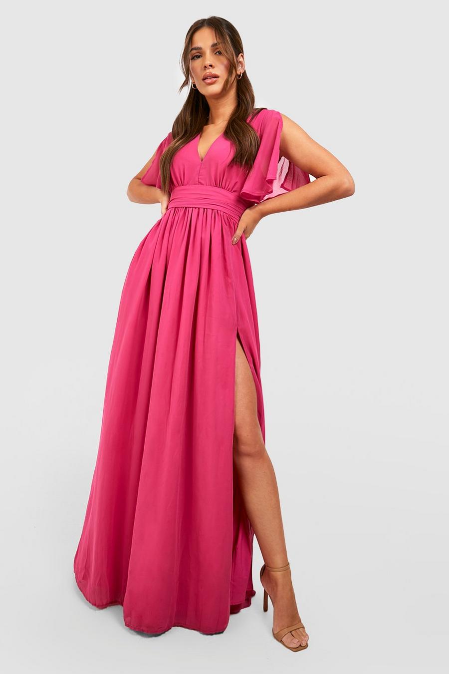 Hot pink Chiffon Plunge Rouched Maxi Dress