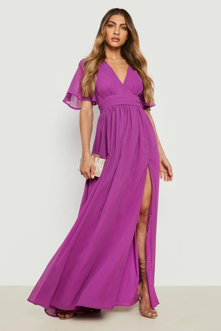 Jewel purple Chiffon Plunge Rouched Maxi Dress