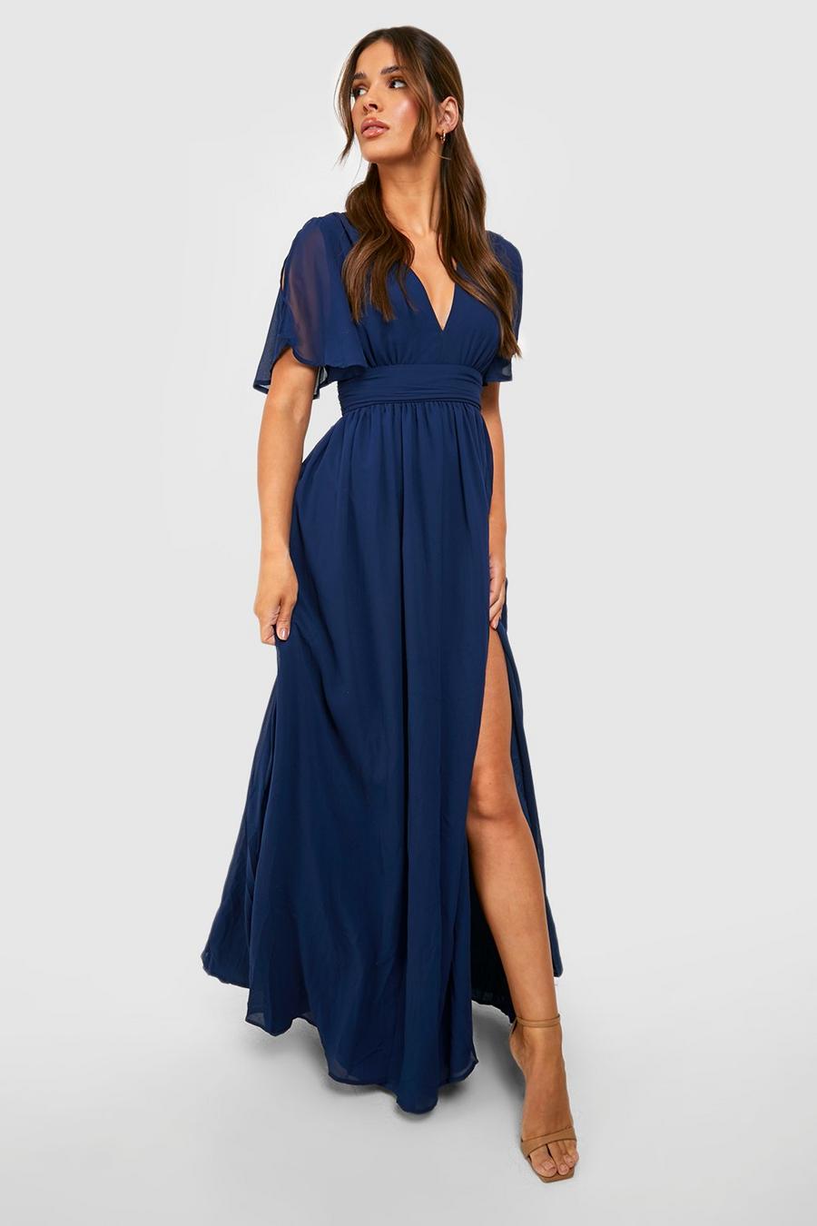 Navy Chiffon Plunge Rouched Maxi Dress image number 1