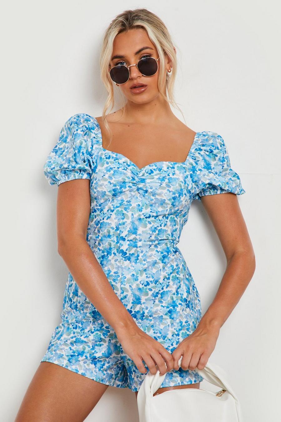 Blue Floral Puff Sleeve Playsuit image number 1