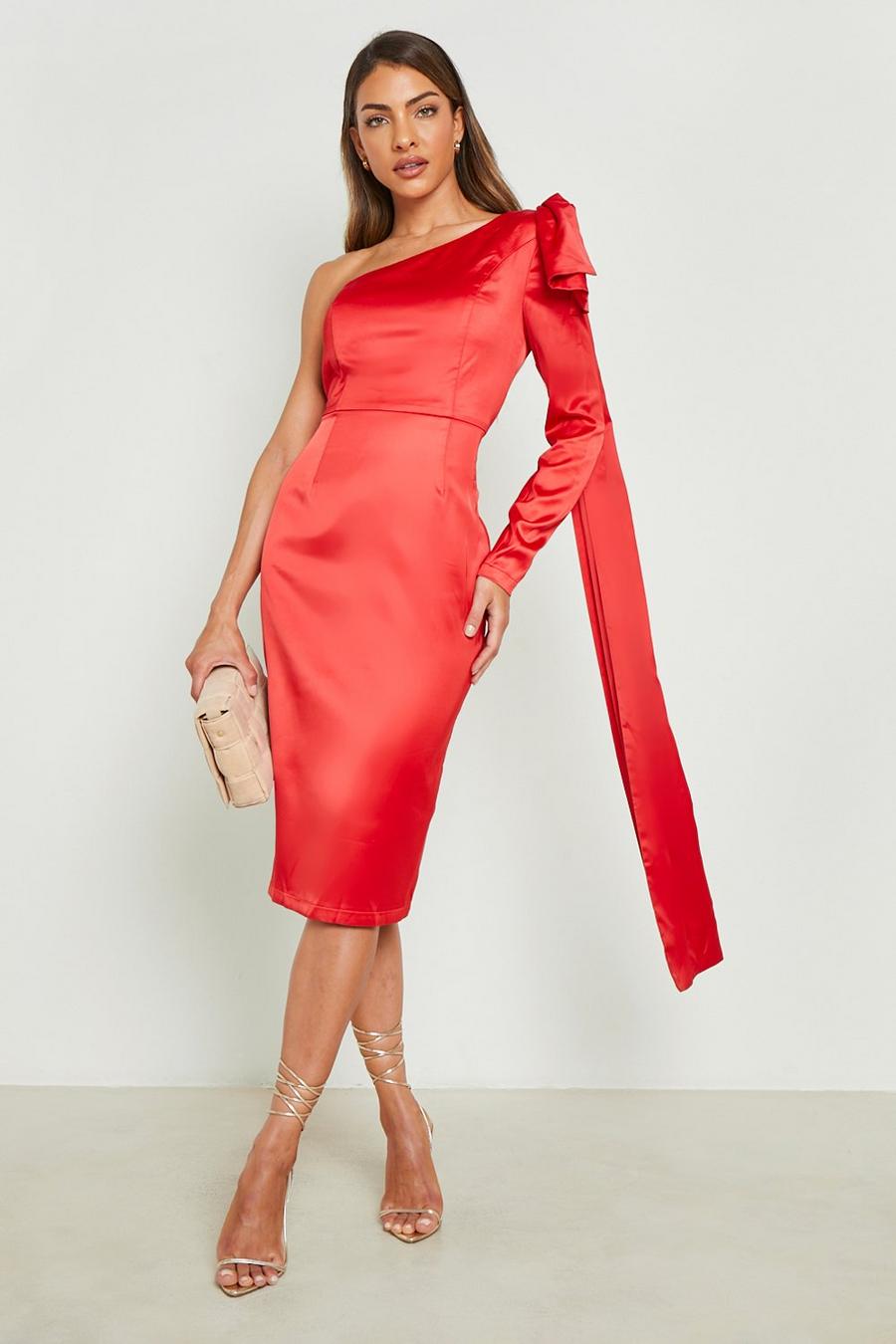 Red Woven Bow Shoulder Midi Dress