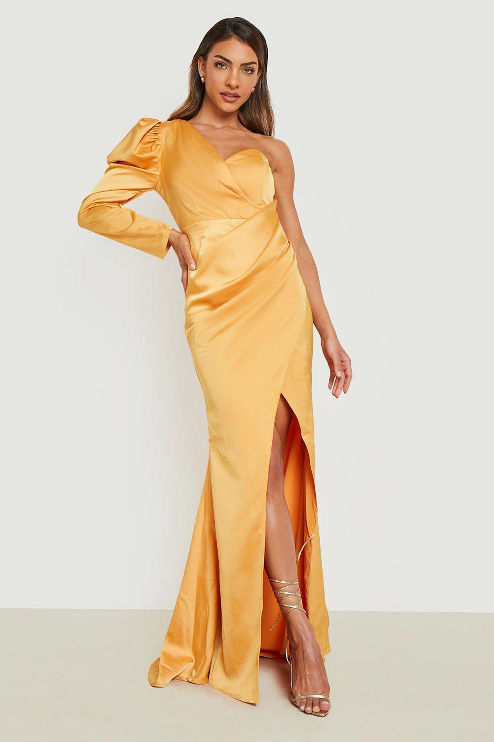 Satin Puff Sleeve Wrap Maxi Dress