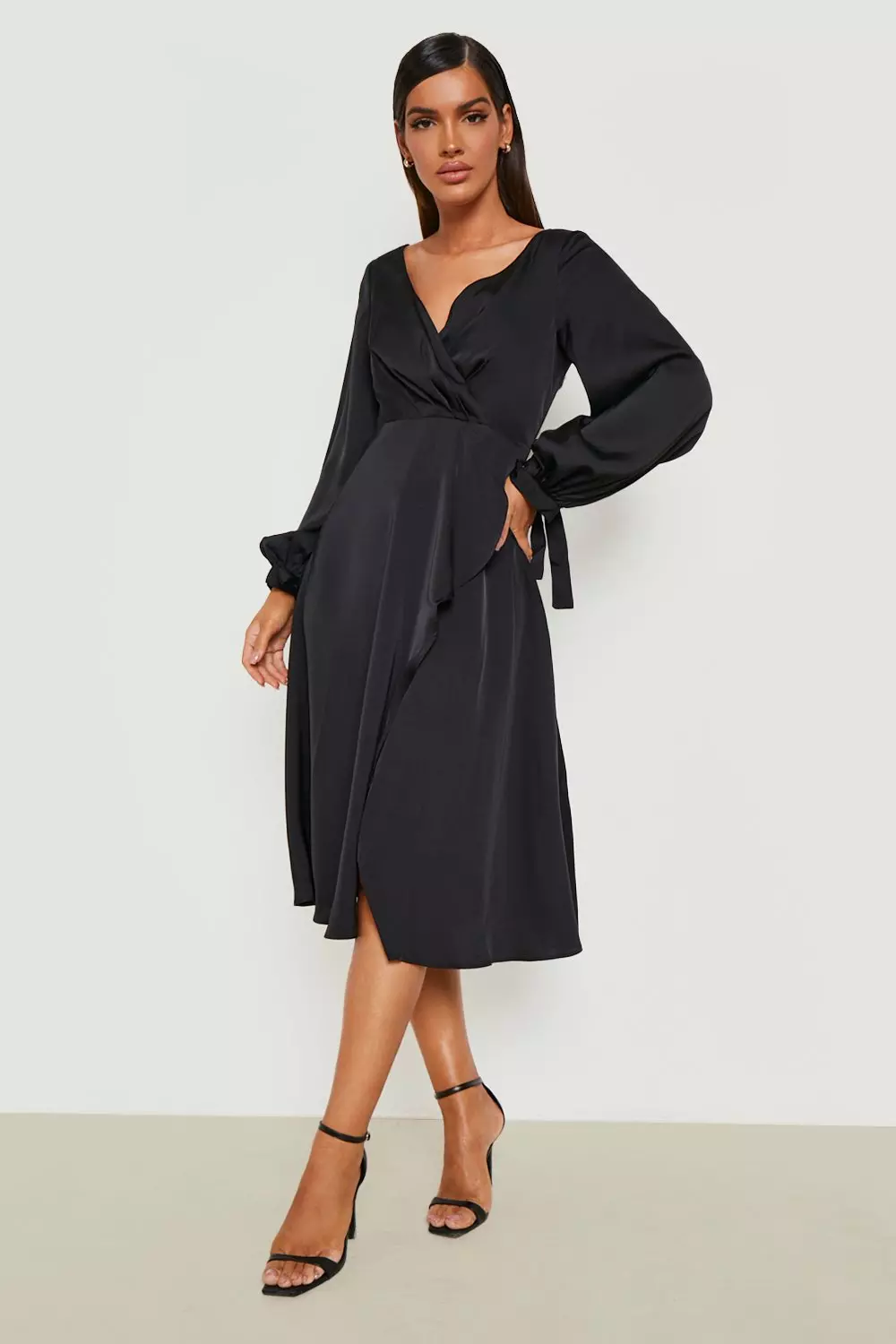 Boohoo cap sleeve wrap midi outlet dress