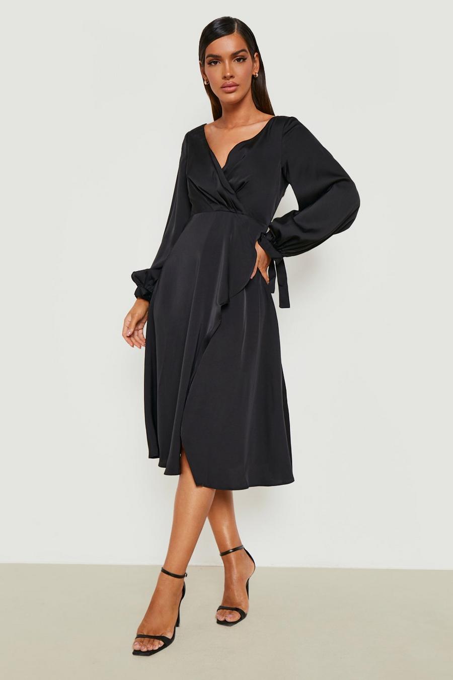 Black Satin Long Sleeve Wrap Midi Dress