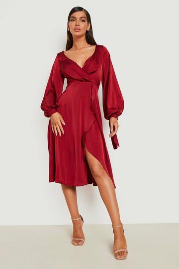 Wine Red Satin Long Sleeve Wrap Midi Dress