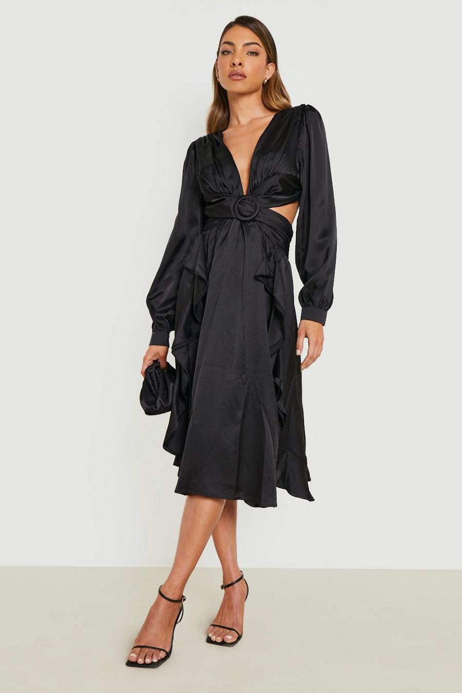 Black Satin Ruffle Plunge Midi Dress image number 1