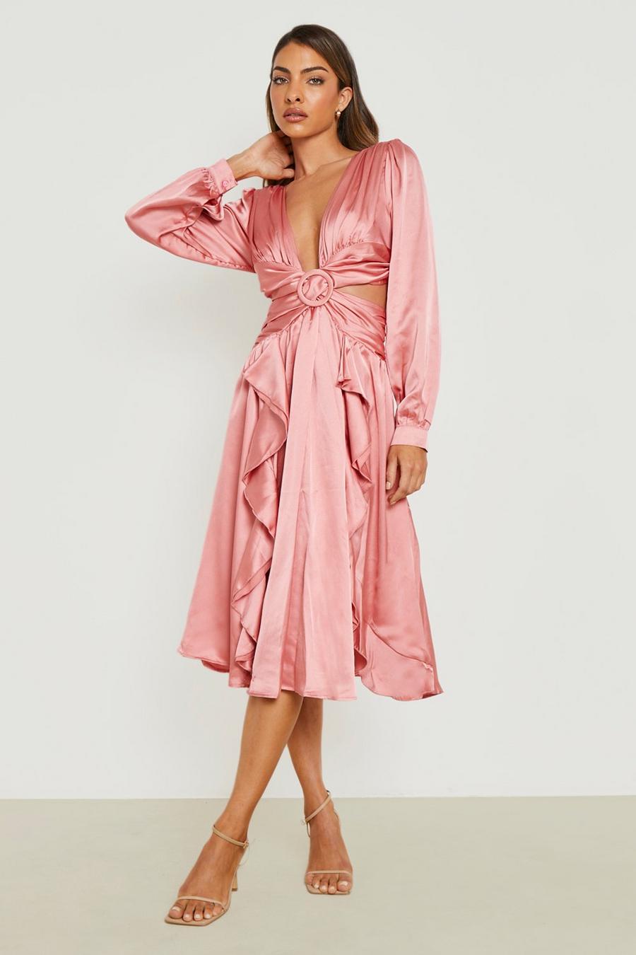 Rose Satin Ruffle Plunge Midi Dress image number 1