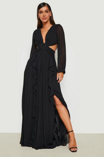 Chiffon Ruffle Plunge Maxi Dress black