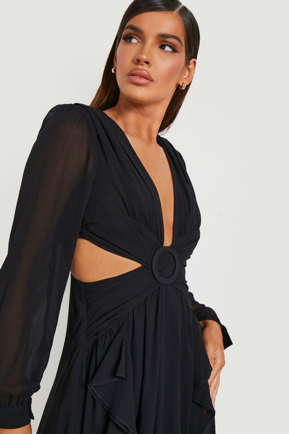 Chiffon Ruffle Plunge Maxi Dress