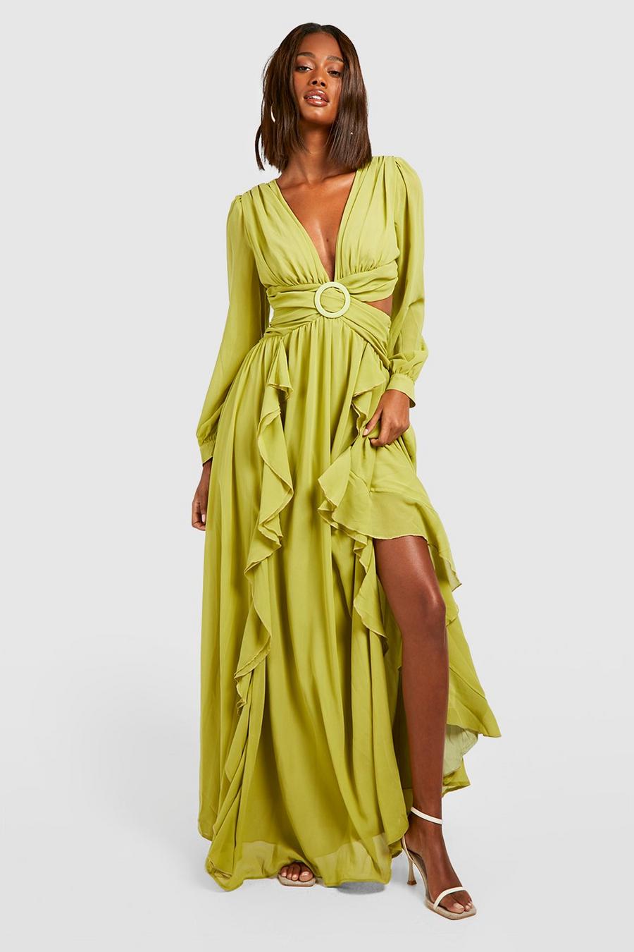 Chartreuse Chiffon Ruffle Plunge Maxi Dress