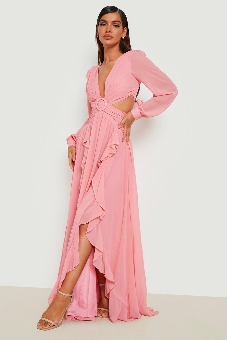 Pink Chiffon Ruffle Plunge Maxi Dress image number 1
