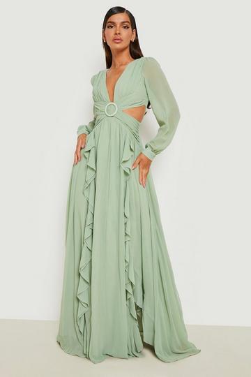 Sage Green Chiffon Ruffle Plunge Maxi Dress