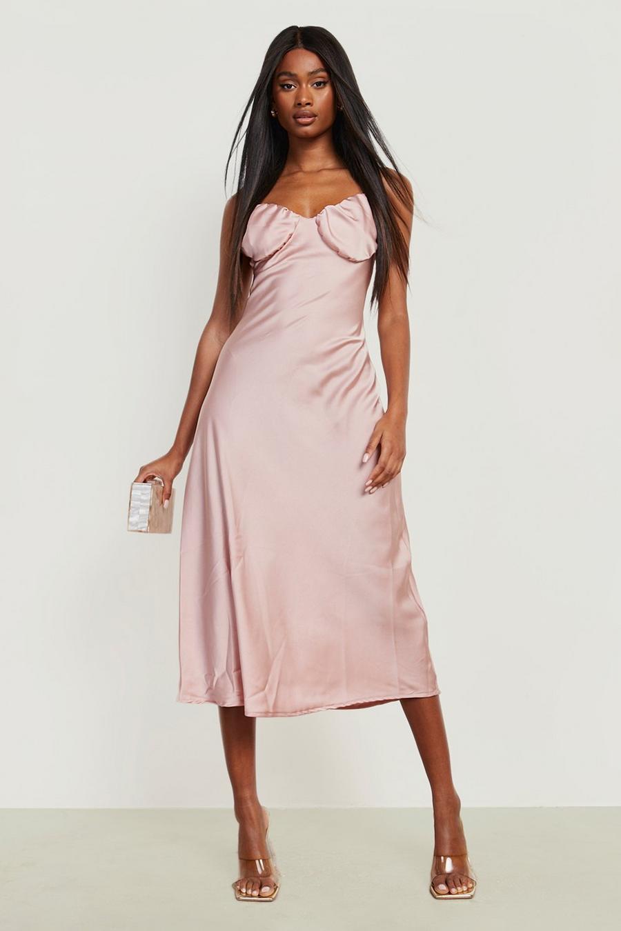 Blush pink Satin Ruched Strappy Midaxi Dress