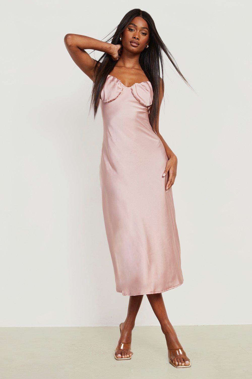 Satin Ruched Strappy Midi Dress boohoo