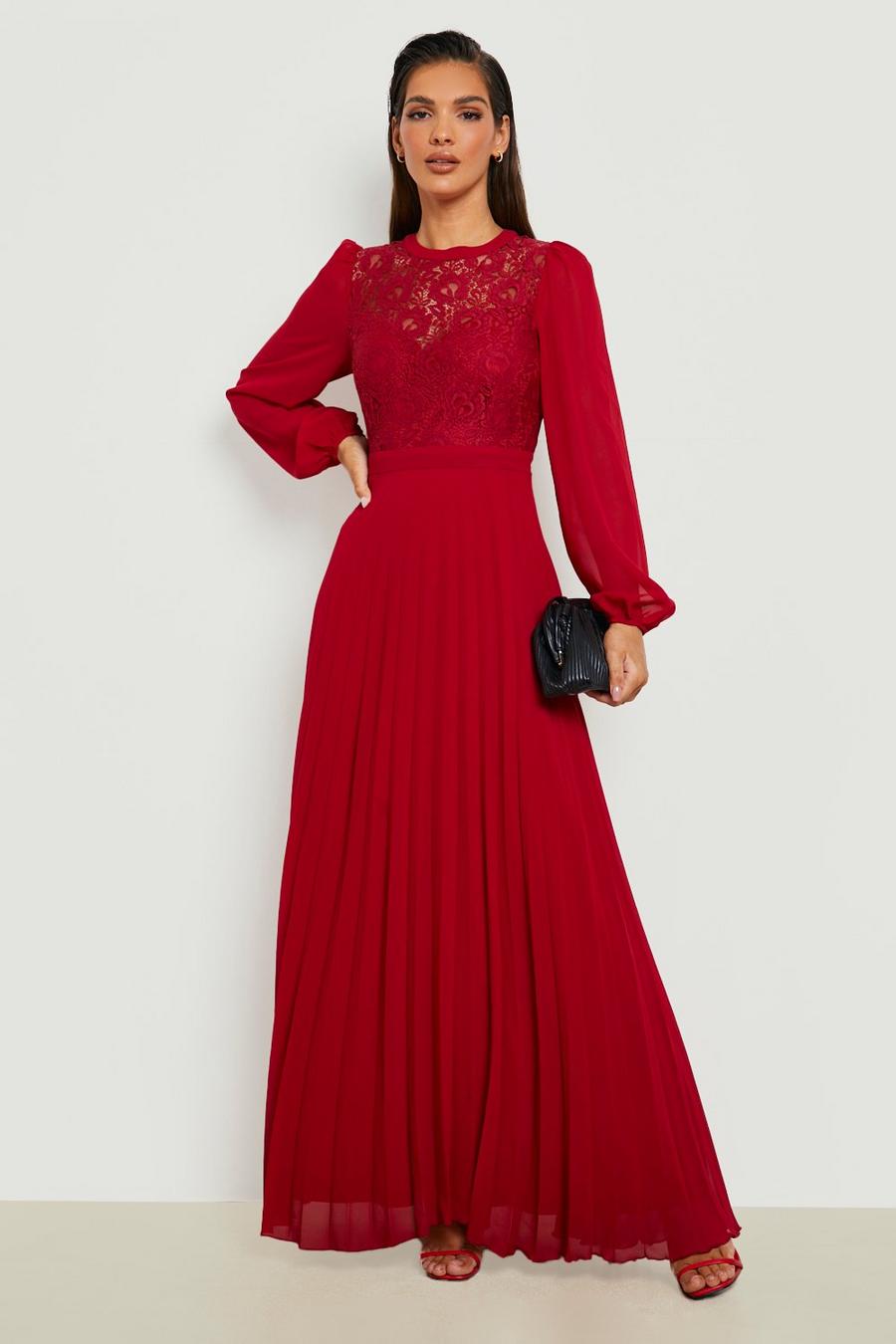 Berry High Neck Lace Pleated Maxi Dress image number 1