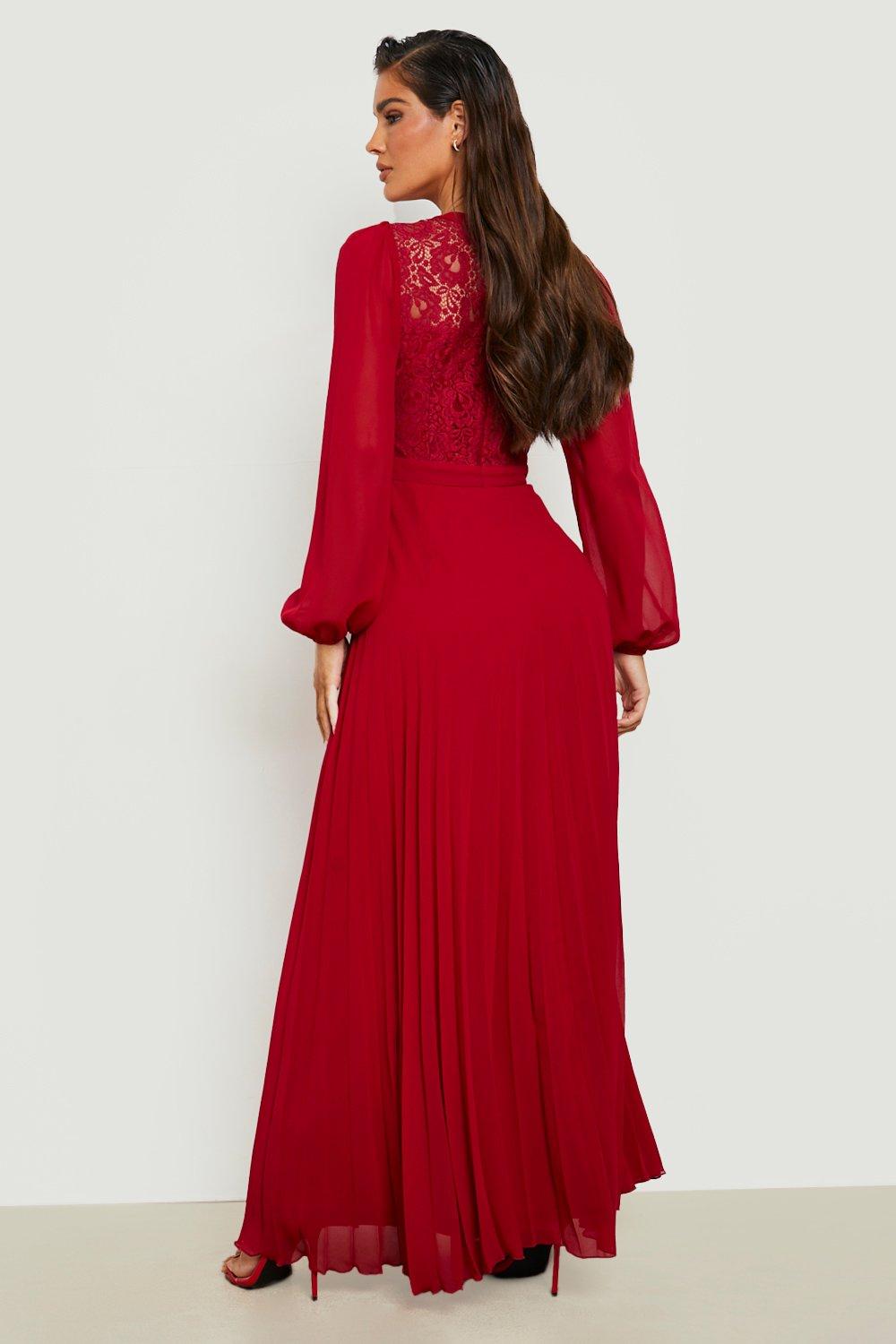 High Neck Lace Pleated Maxi Dress