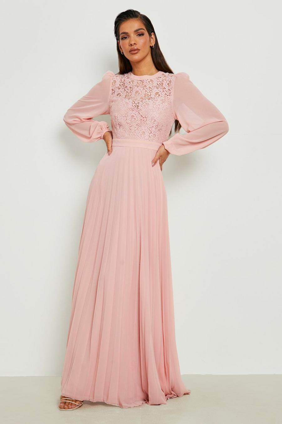 Blush pink High Neck Lace Pleated Maxi Dress