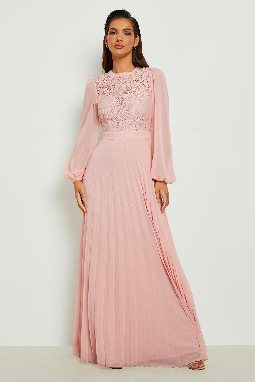 Pink lace pleated sales dress