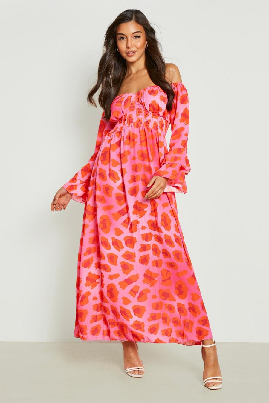 Pink Woven Off Shoulder Animal Midaxi Dress image number 1