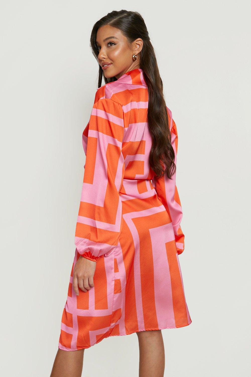 Stripe Satin Wrap Shirt Dress