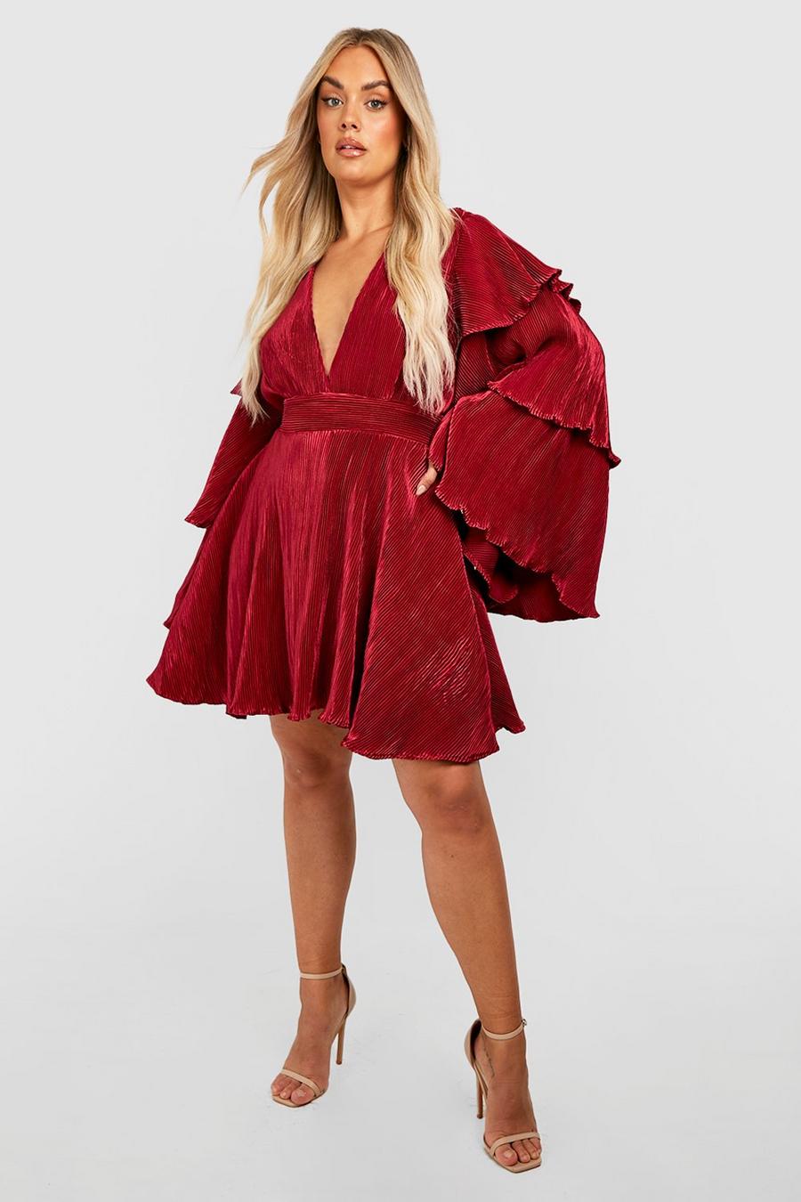 Berry Plus Layered Ruffle Sleeve Skater Dress image number 1
