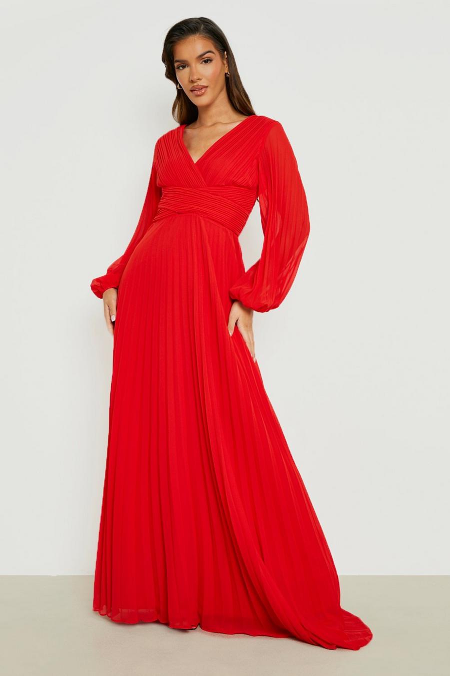 Berry Pleated Plunge Wrap Maxi Dress image number 1