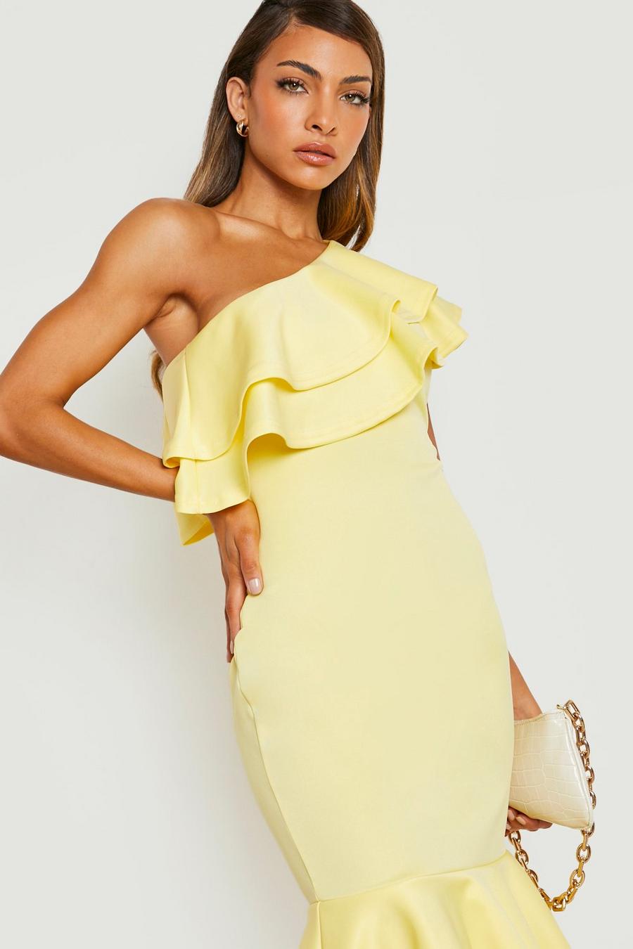 Lemon yellow Scuba Ruffle Peplum Midi Dress
