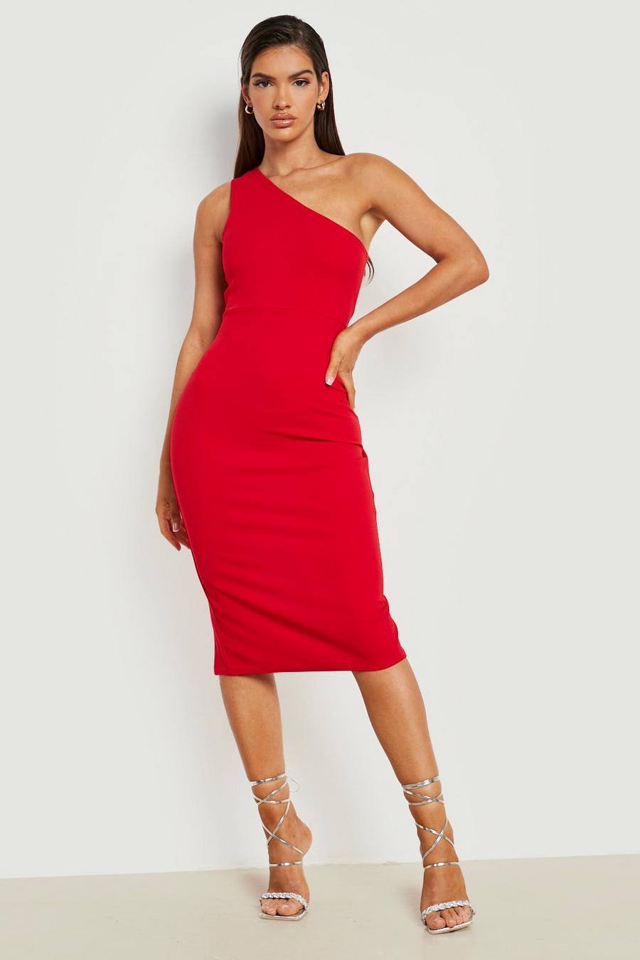 Red Scuba Asymetric Draped Midi Dress