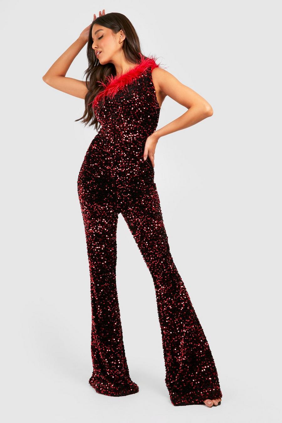 Red Feather Trim Sequin Flare Jumpsuit image number 1