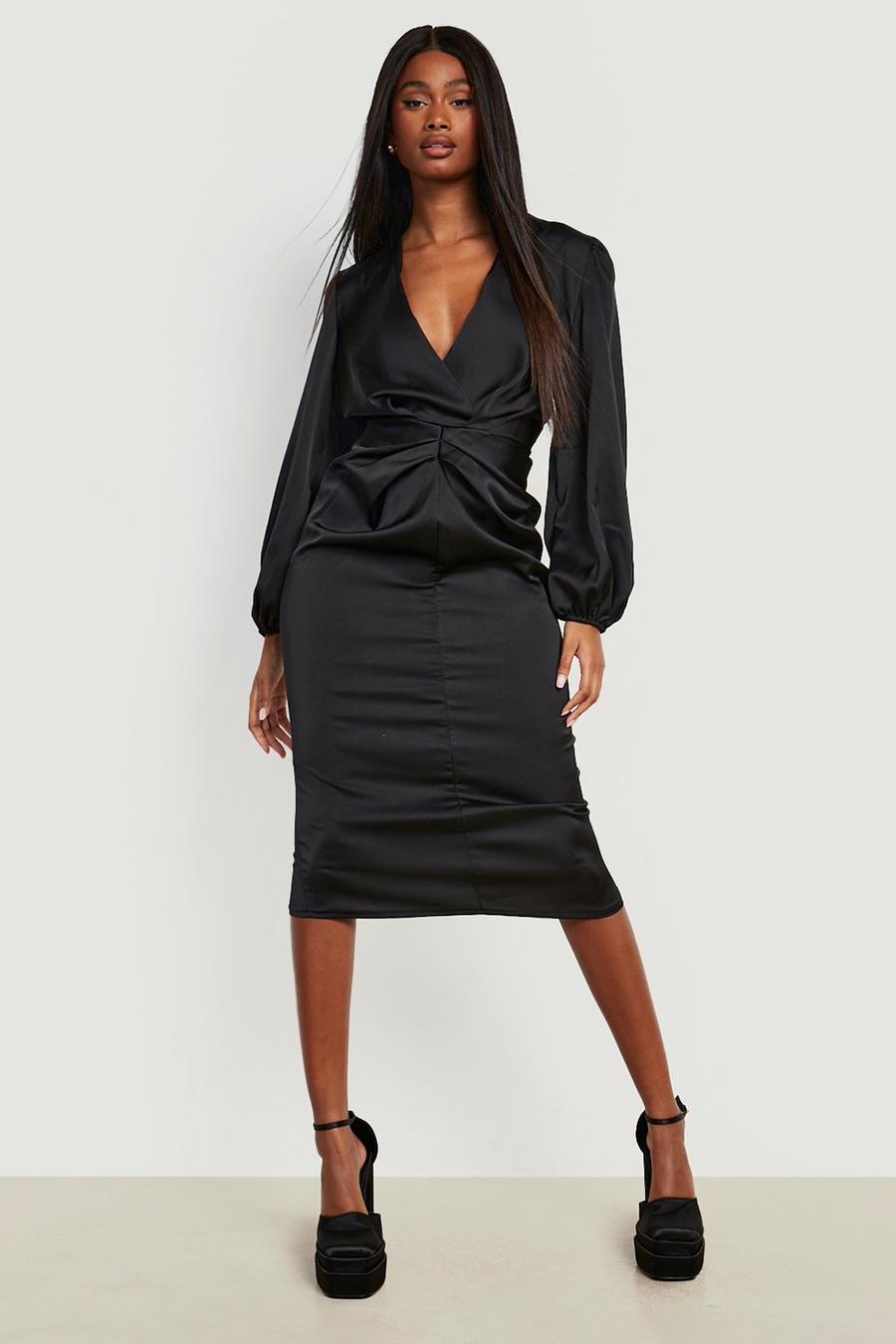 Black Satin Puff Sleeve Ruched Midi Dress image number 1