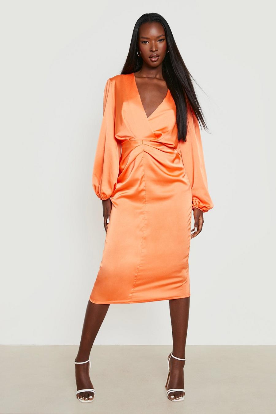 Orange Satin Volume Sleeve Ruched Midi Dress image number 1