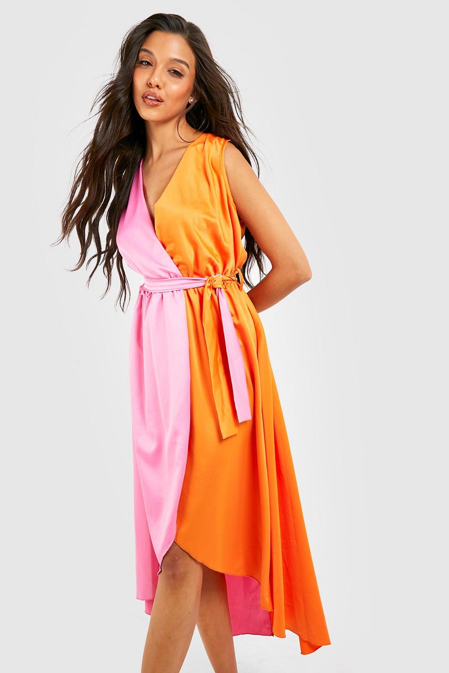 Orange Colour Block Belted Midi Dress image number 1