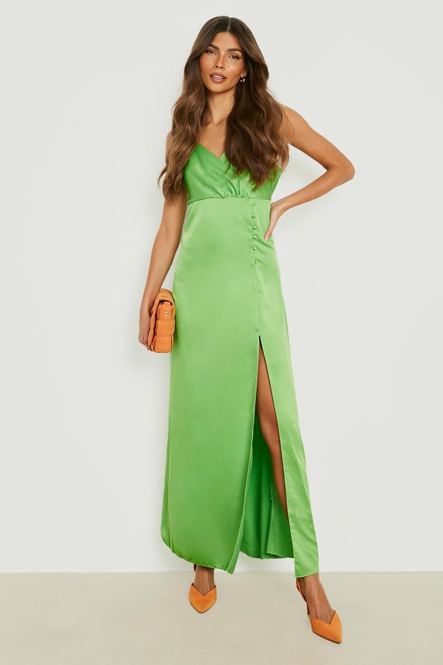 Green Satin Button Detail Maxi Slip Dress