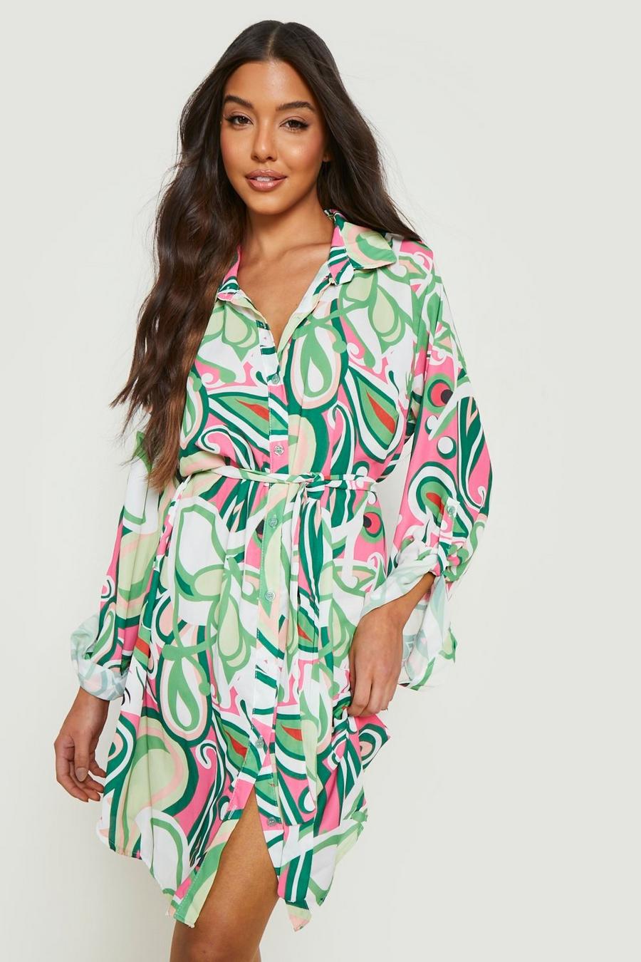 Green Abstract Shirt Dress image number 1