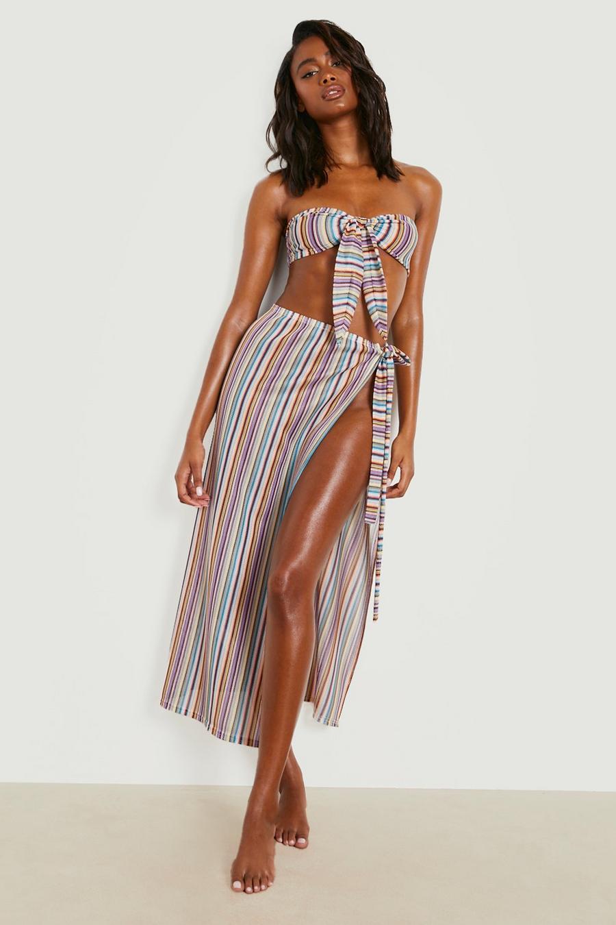 Red Stripe Knitted Bandeau & Skirt Beach Co-ord image number 1