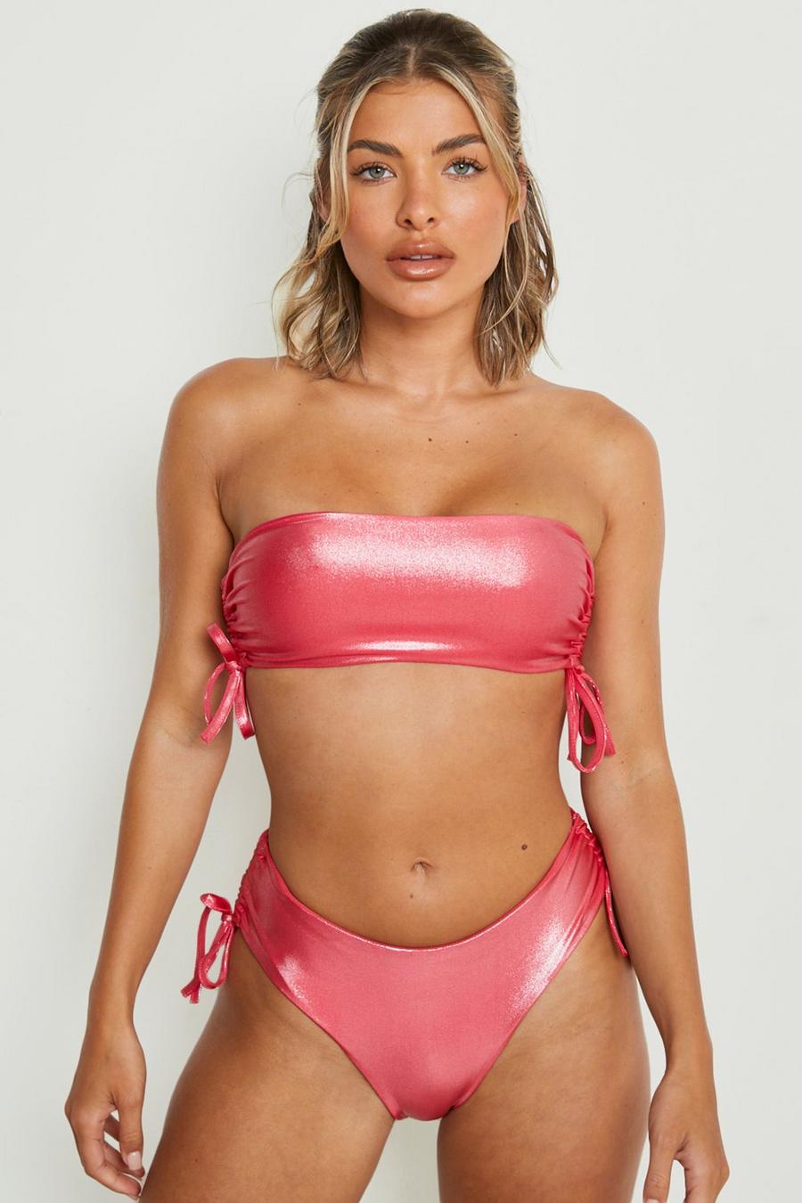 Set bikini a vita alta con top a fascia effetto lucido con ruches , Pink image number 1