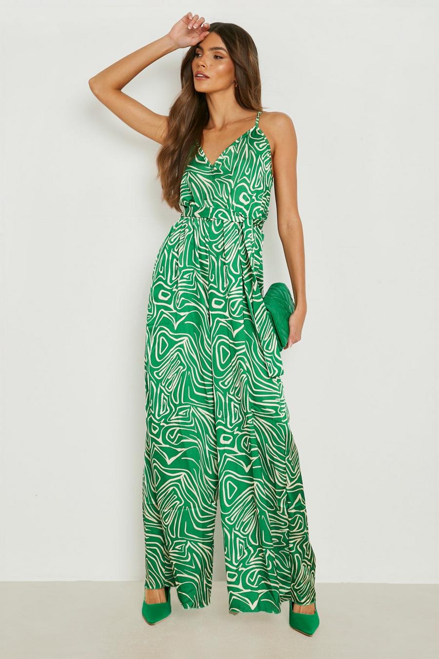 Green Abstract Strappy Wide Leg Jumpsuit image number 1