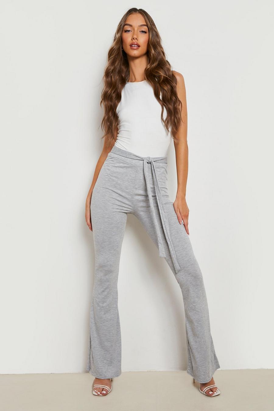 Basics High Waisted Grey Marl Tie Waist Flared Trousers image number 1